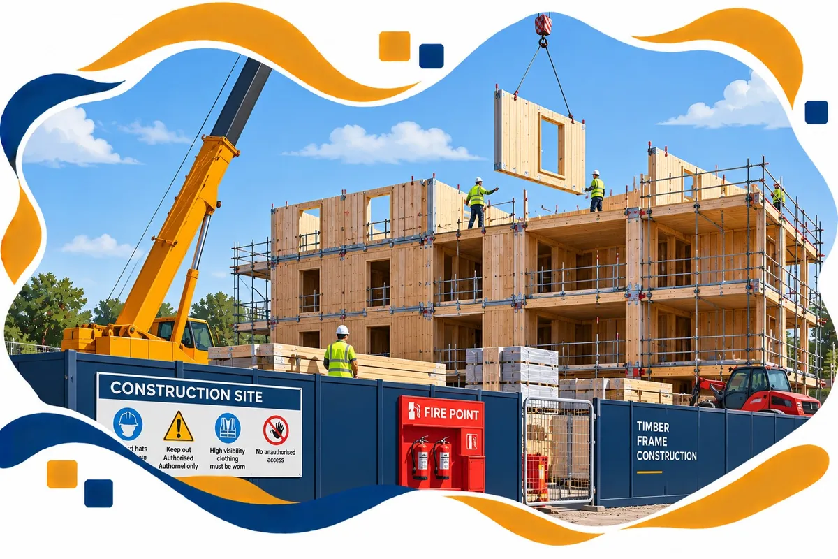 Crane lifting a timber frame wall panel onto a partly built timber-framed building, with site hoarding and a fire point in the foreground