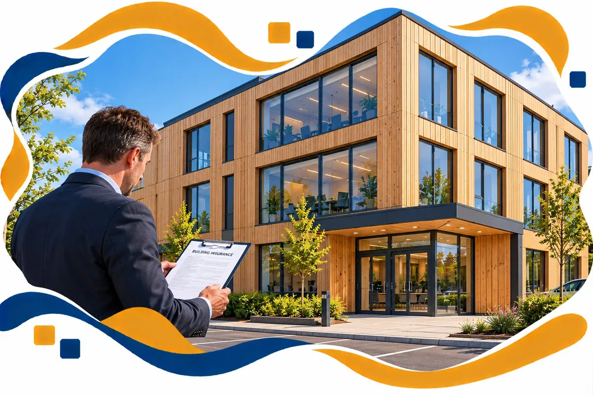 Property owner reading an insurance document outside a three-storey timber-clad commercial building with large windows