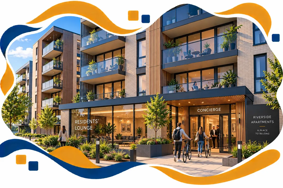 Residents with bikes entering a build-to-rent apartment block with balconies, a residents' lounge and concierge entrance