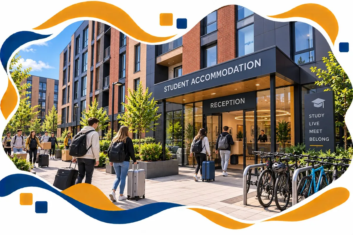Students arriving with suitcases at a purpose-built student accommodation block with a reception entrance and bike racks