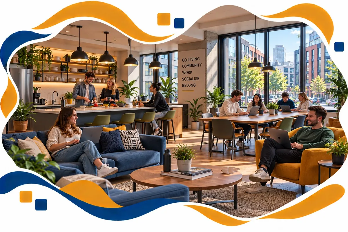 Residents cooking and working on laptops in the shared kitchen and lounge of a co-living building with city views