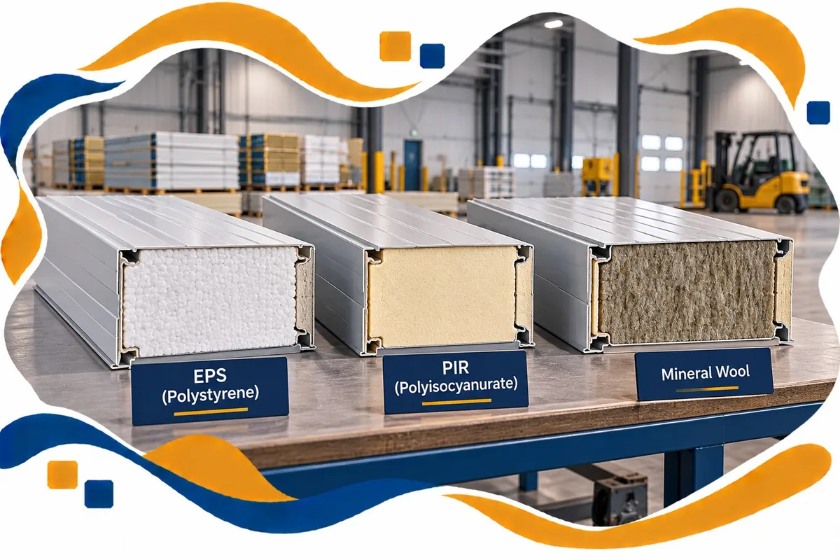 Three composite panel samples on a workbench showing EPS, PIR and mineral wool insulation cores inside a warehouse