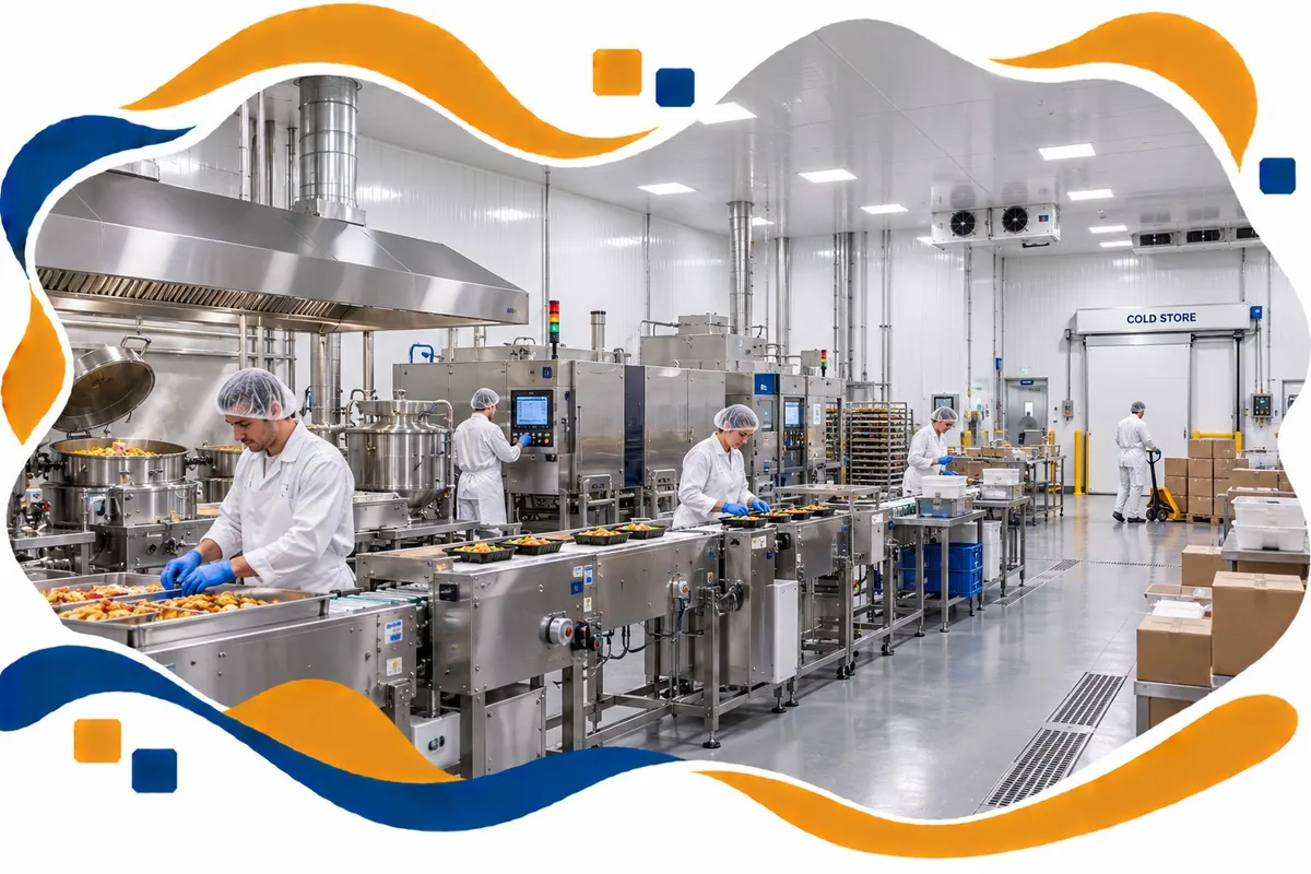 Workers on a food production line inside a factory with white insulated panel walls, cooking equipment and a cold store door
