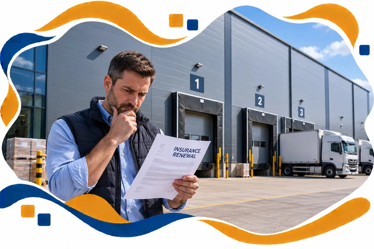 Business owner reading an insurance renewal letter outside a grey composite panel industrial unit with loading bays