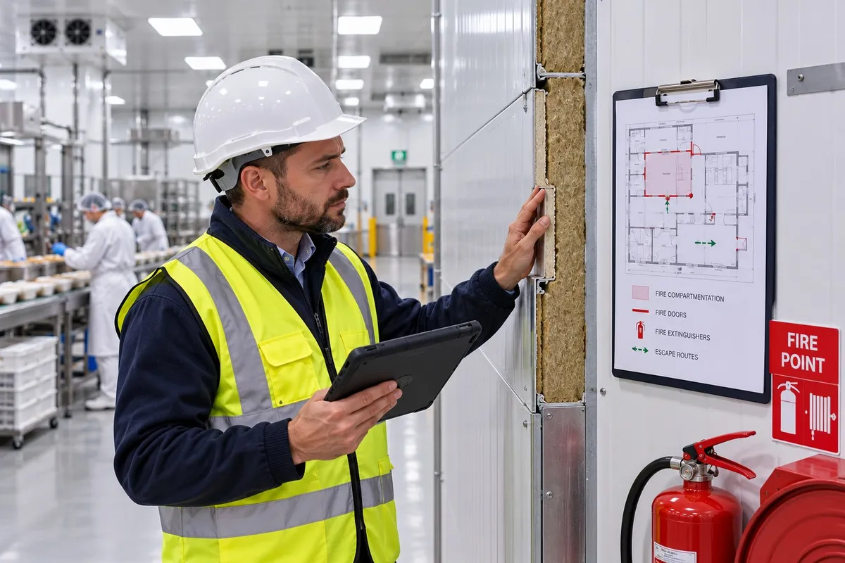 Fire risk surveyor in a hard hat and hi-vis vest inspecting the cut edge of a composite panel wall inside a food factory