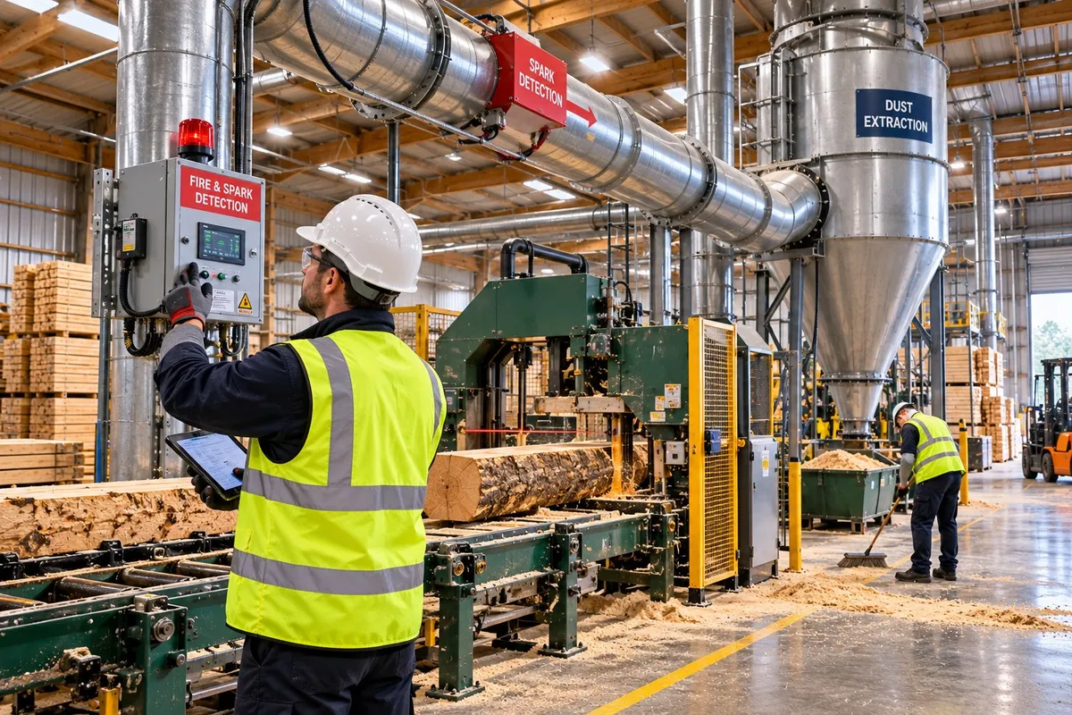 Maintenance worker checking dust extraction ductwork and a spark detection panel above a band saw line in a UK sawmill