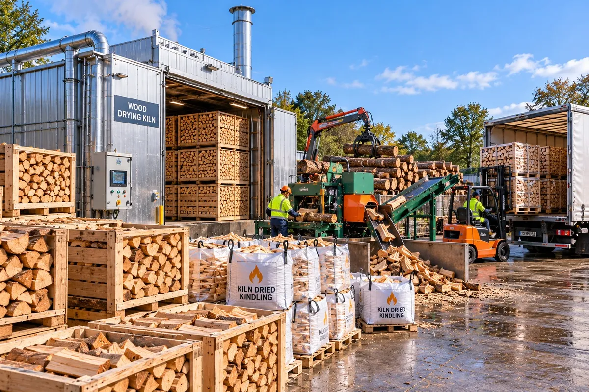 Firewood yard with a wood drying kiln, crates of kiln-dried logs, bagged kindling, a log processor and a delivery lorry