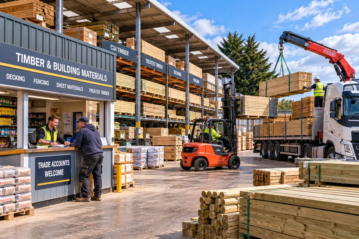 Timber merchant yard with racking of sawn and treated timber, a trade counter and a crane lorry being loaded by forklift