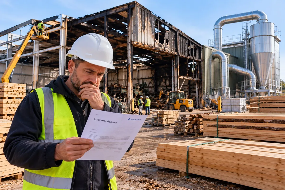 Sawmill owner holding an insurance letter outside a fire-damaged sawmill shed being rebuilt with new dust extraction