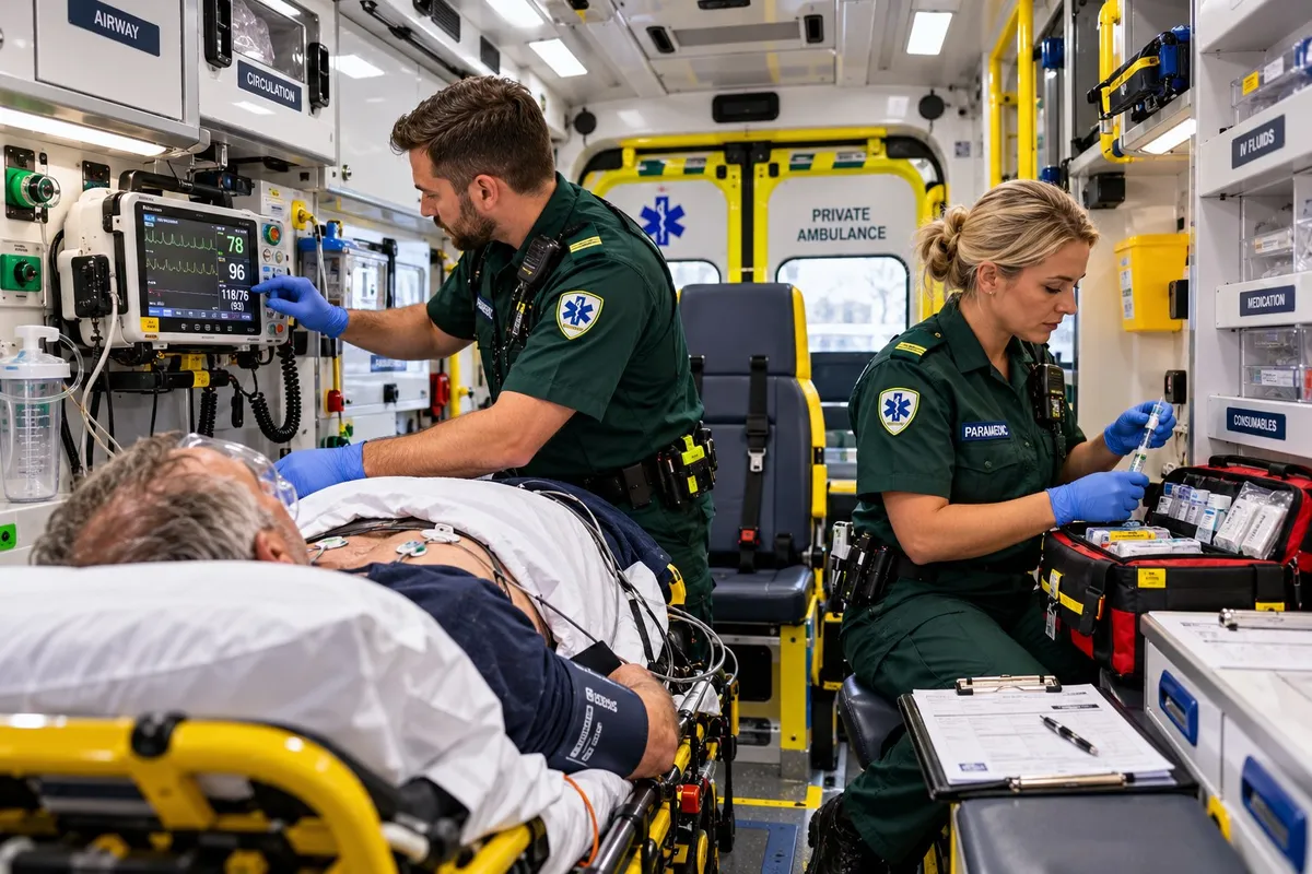 Paramedics in green uniforms treating a patient inside a private ambulance, checking a heart monitor and preparing medication