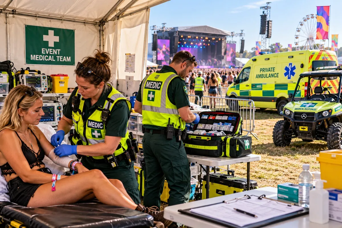 Event medical team in hi-vis vests treating a festival-goer in a medical tent, with a private ambulance and buggy outside