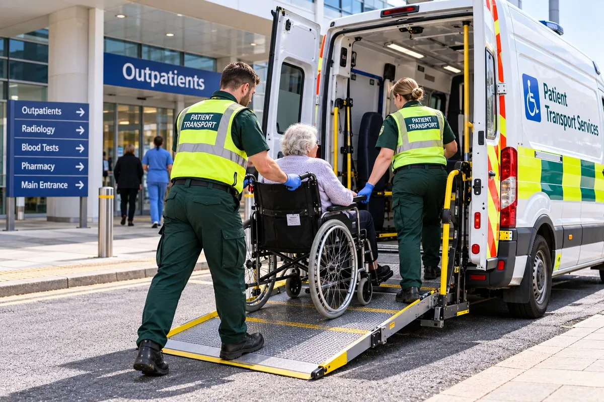 Patient transport crew wheeling an elderly patient up the ramp of a patient transport vehicle outside a hospital outpatients