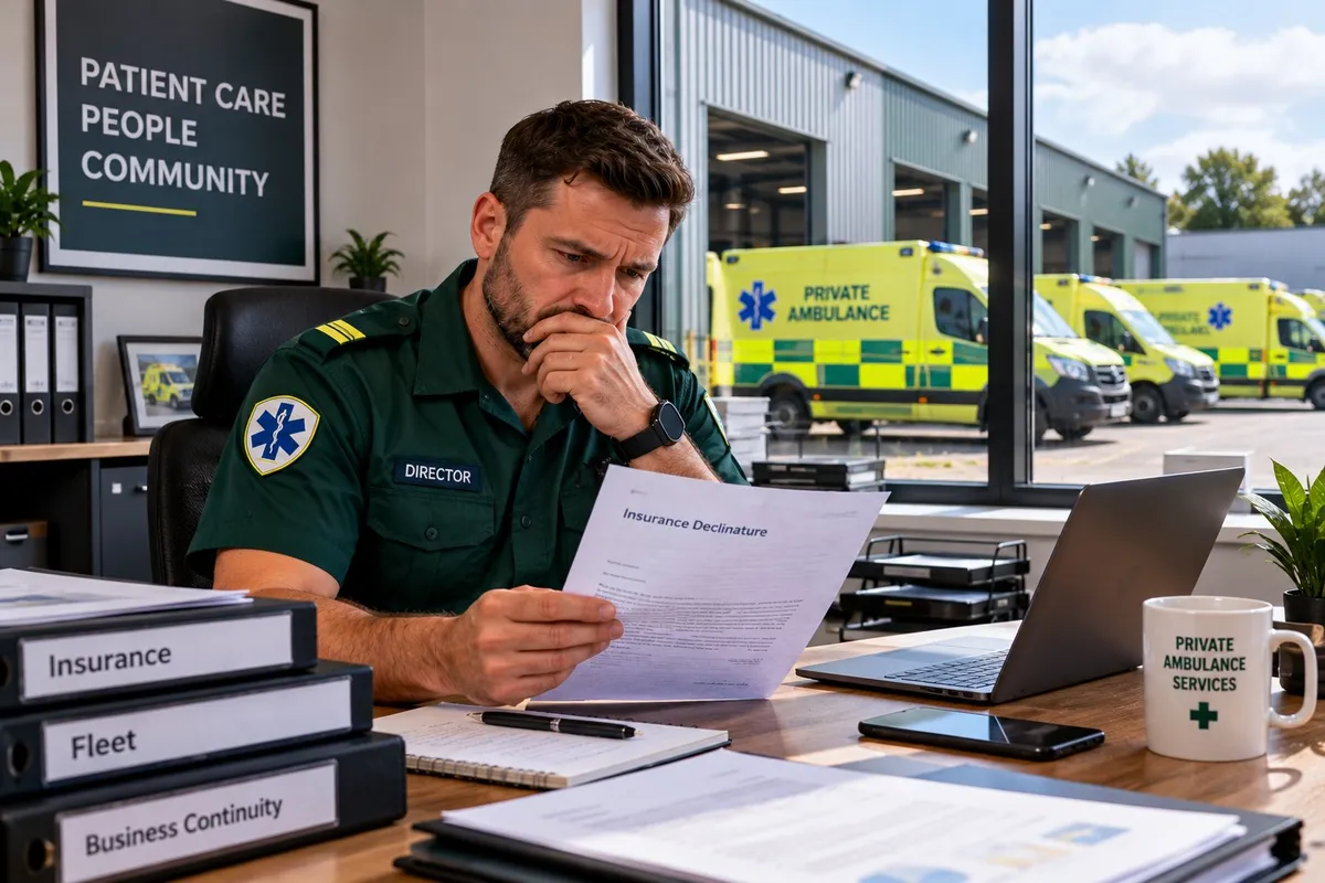 Private ambulance company director reading an insurance declinature letter at his desk, with ambulances parked outside