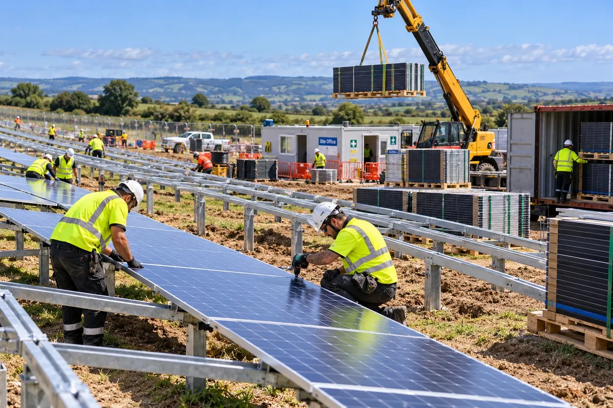 Workers in hi-vis installing solar panels onto steel frames on a UK solar farm construction site, with a crane and containers