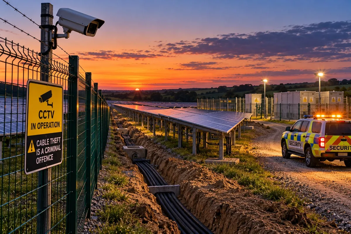 Solar farm security fence at dusk with a CCTV camera, cable theft warning sign, open cable trench and security patrol vehicle