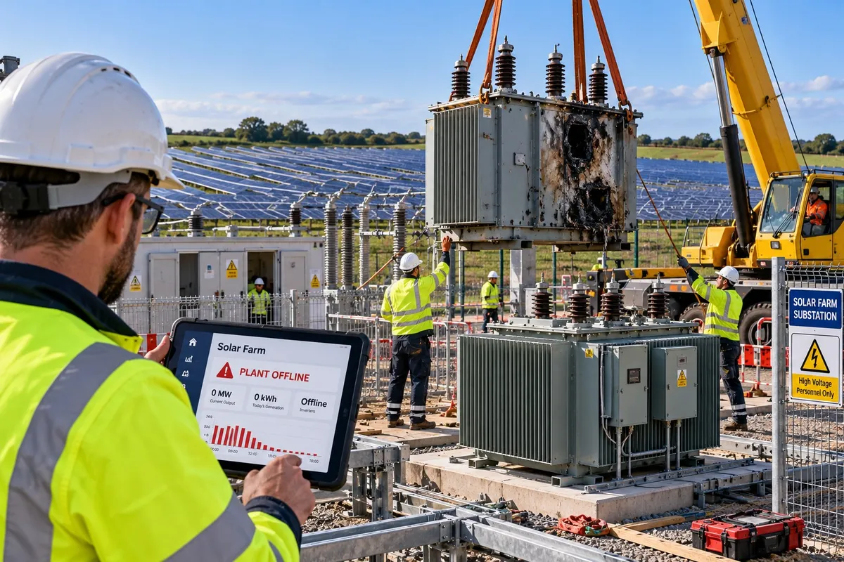 Engineers replacing a fire-damaged transformer at a solar farm substation while a tablet shows the plant offline