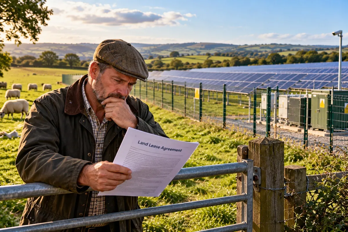 Farmer reading a land lease agreement at a field gate, with sheep grazing beside a fenced solar farm on his land