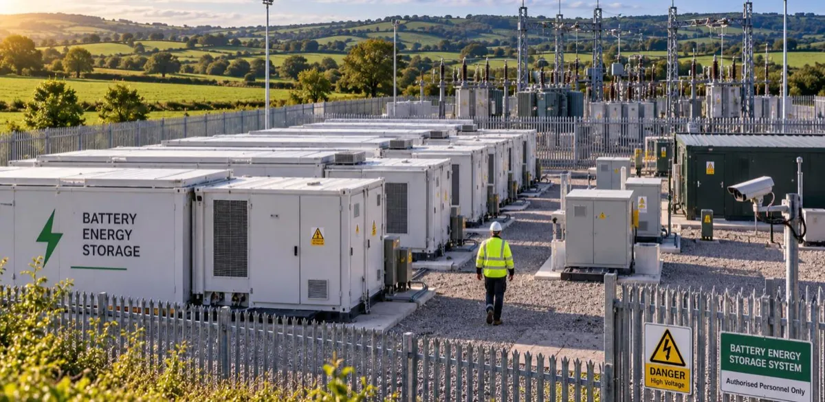 Grid-scale battery storage containers on a UK site, illustrating BESS insurance requirements