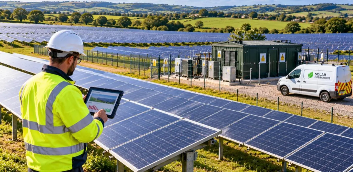 Technician inspecting panels on a UK solar farm, the work covered by solar farm O&M contractor insurance