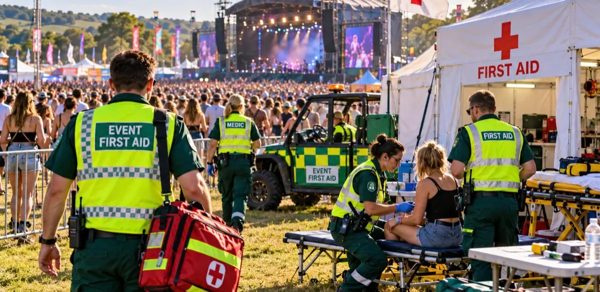Event first aid team treating a patient at a UK music festival, the work covered by event first aid provider insurance