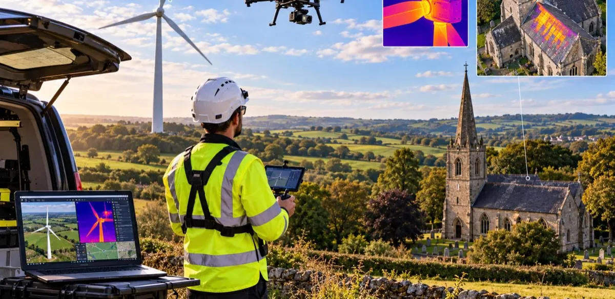 Drone pilot surveying a wind turbine and church roof with a thermal camera drone, the work covered by drone survey business insurance