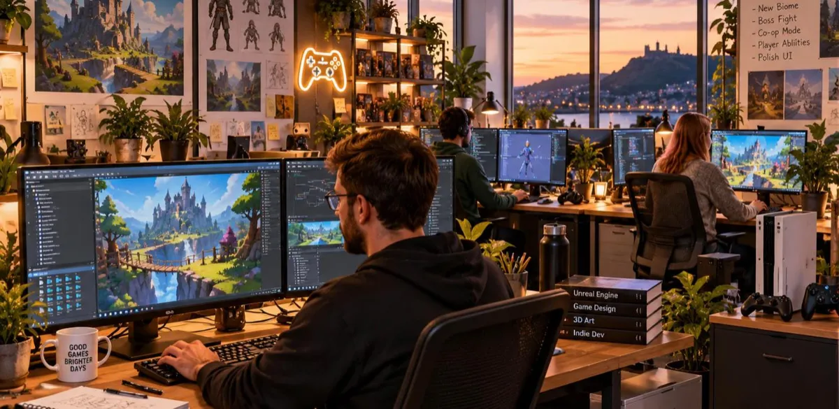 Developers working on a fantasy game level in a UK indie game studio, the business covered by game studio insurance