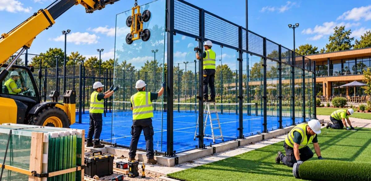 Installers fitting glass panels to a new padel court at a UK club, the work covered by padel court builder insurance