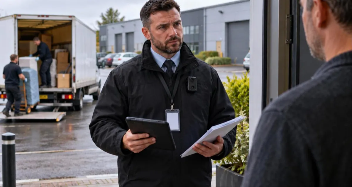 Enforcement officer with a body-worn camera and paperwork at a UK business door, the work covered by HCEO insurance