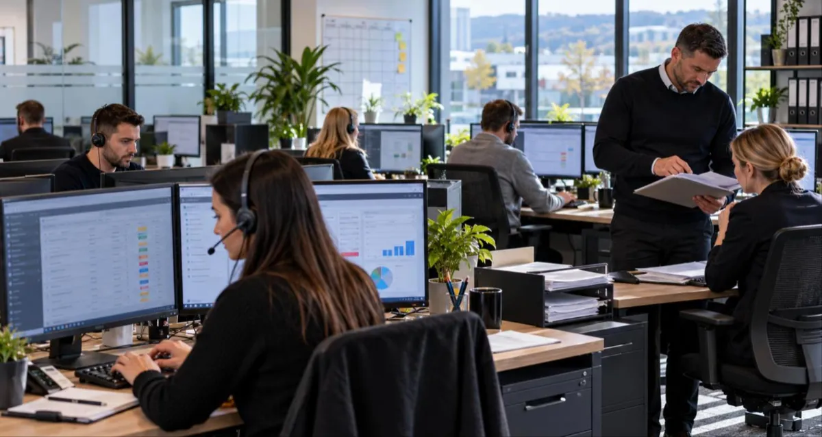 Collection agency staff with headsets working on account screens in a UK office, the business covered by debt collection agency insurance
