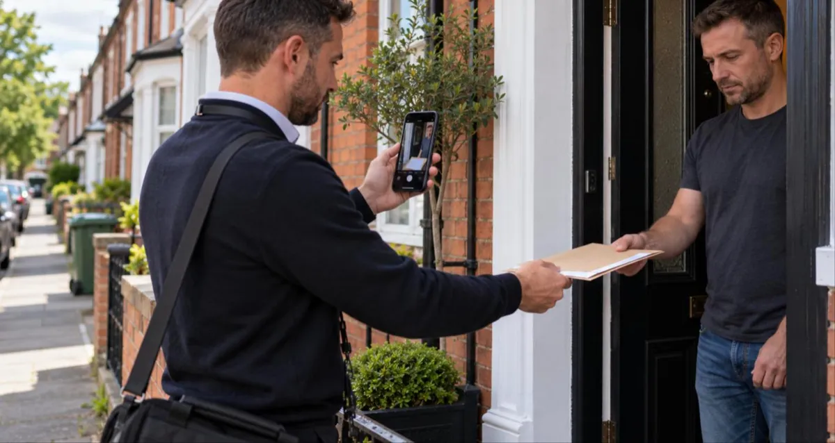 Process server photographing service of court papers at a UK front door, the work covered by process server insurance