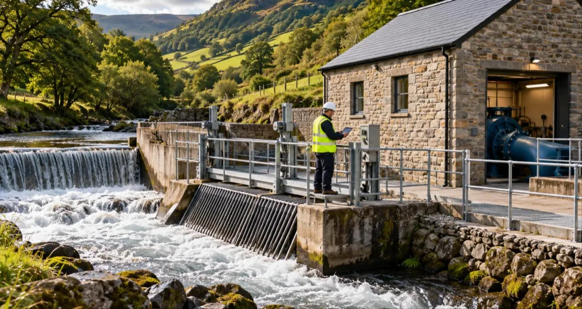 Engineer checking the intake beside a weir at a UK run-of-river scheme, the site covered by hydro power insurance