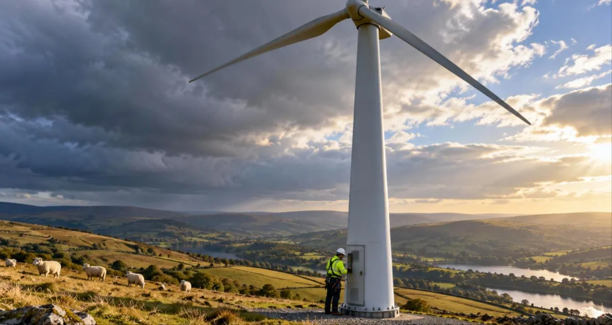Three-blade wind turbine on a UK hill farm with sheep grazing nearby and a technician in hi-vis at the tower door