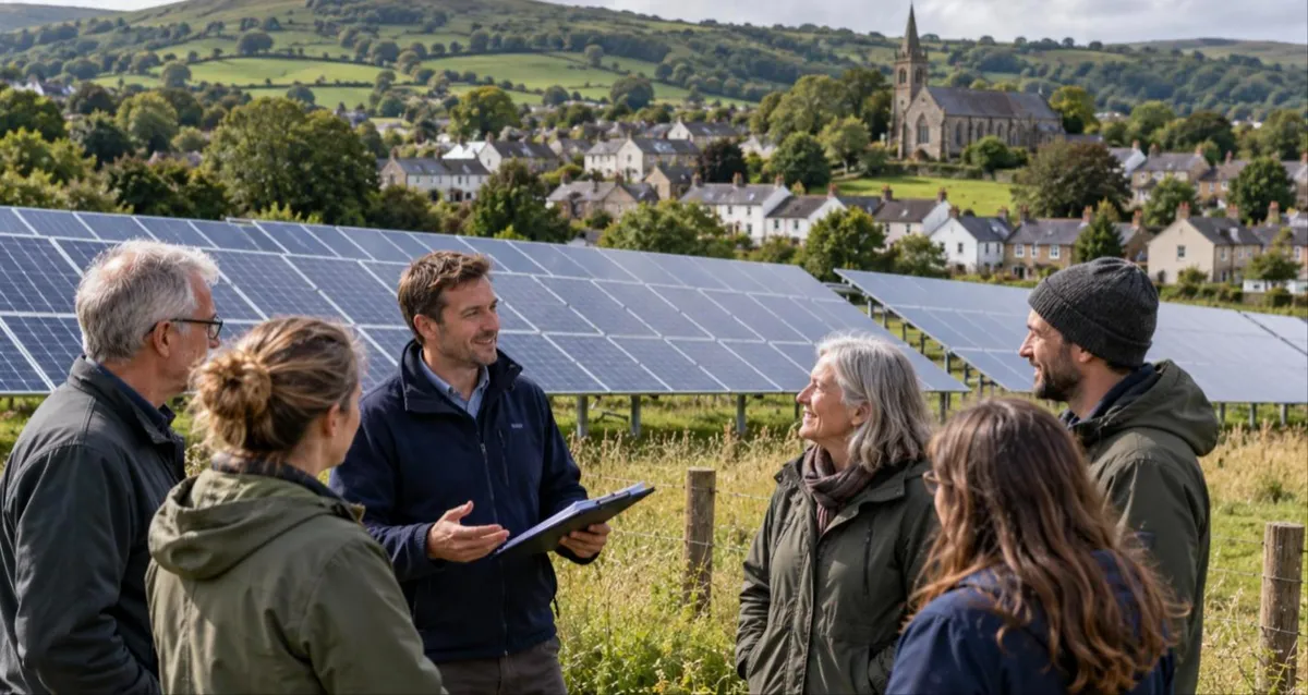 Community energy organiser with a clipboard talking to local volunteers in front of a solar array beside a Welsh village with a chapel