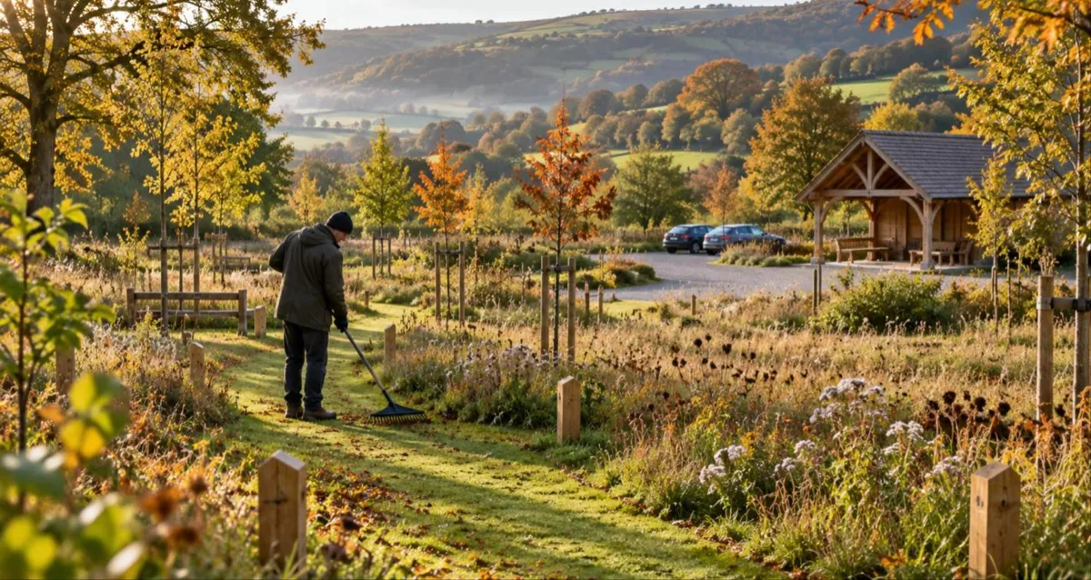 Groundskeeper raking a mown grass path through a woodland burial meadow with young trees, wooden marker posts and a timber shelter in autumn
