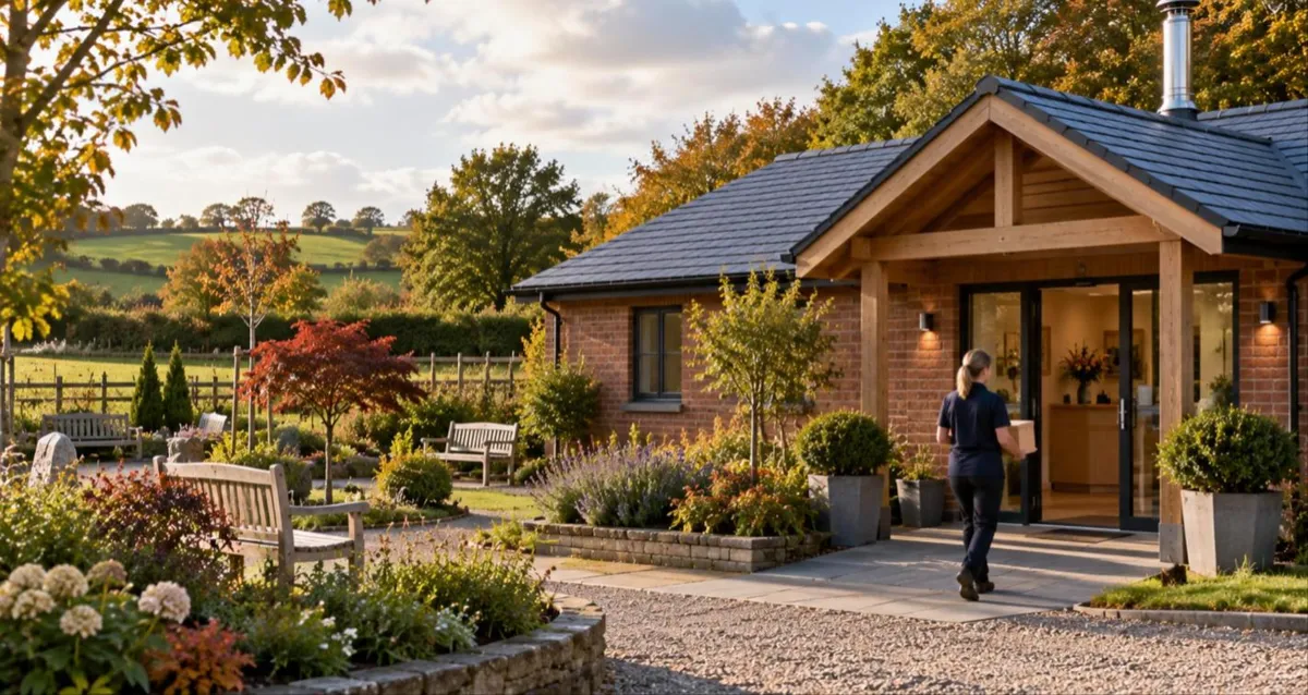 Staff member carrying a wooden keepsake box into a brick and oak pet crematorium with a memorial garden and benches in front