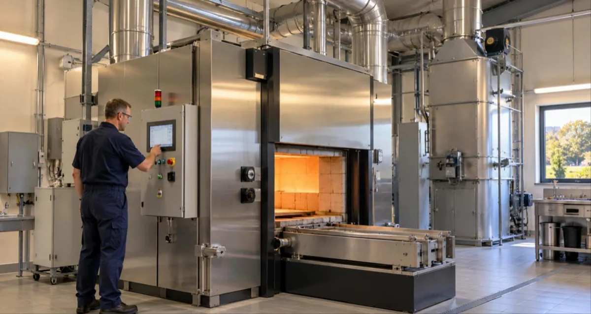 Technician in navy overalls using the touchscreen control panel of a stainless steel cremator in a crematorium plant room with filtration ducting overhead