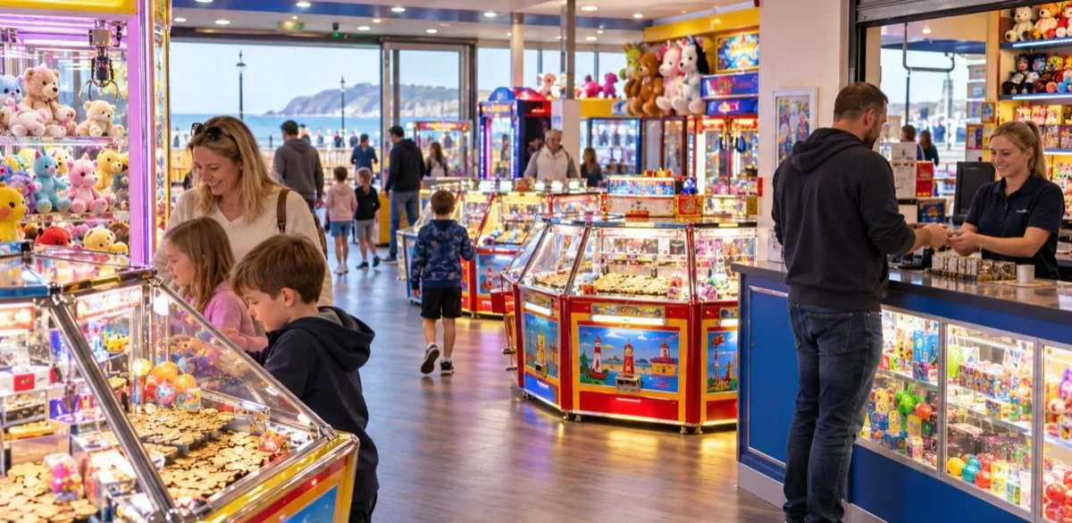 Families playing coin pusher and claw machines in a bright seaside amusement arcade, with a staff member serving at the change counter