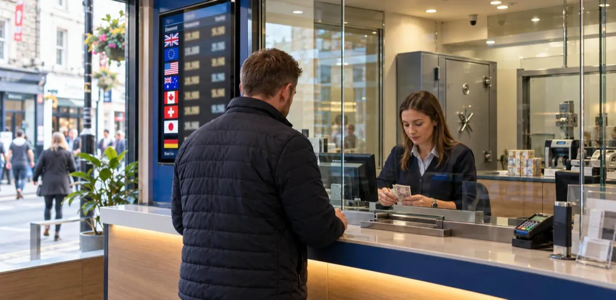 Customer exchanging money at a bureau de change counter behind a glass security screen, with a safe and CCTV camera behind the cashier