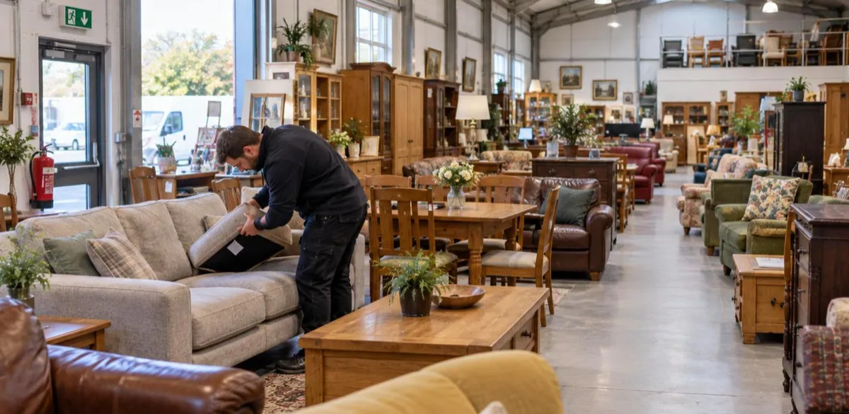 Staff member checking the fire label on a sofa cushion in a second-hand furniture shop with sofas, tables and wardrobes on display