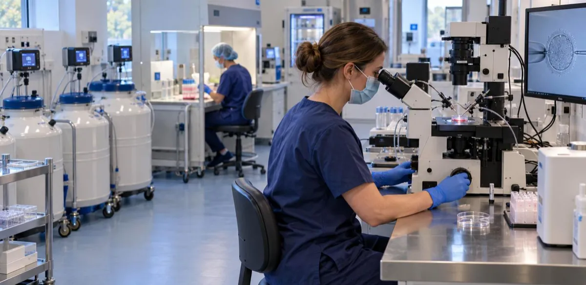 Embryologist at a microscope in a fertility clinic laboratory with liquid nitrogen storage tanks and monitoring displays behind
