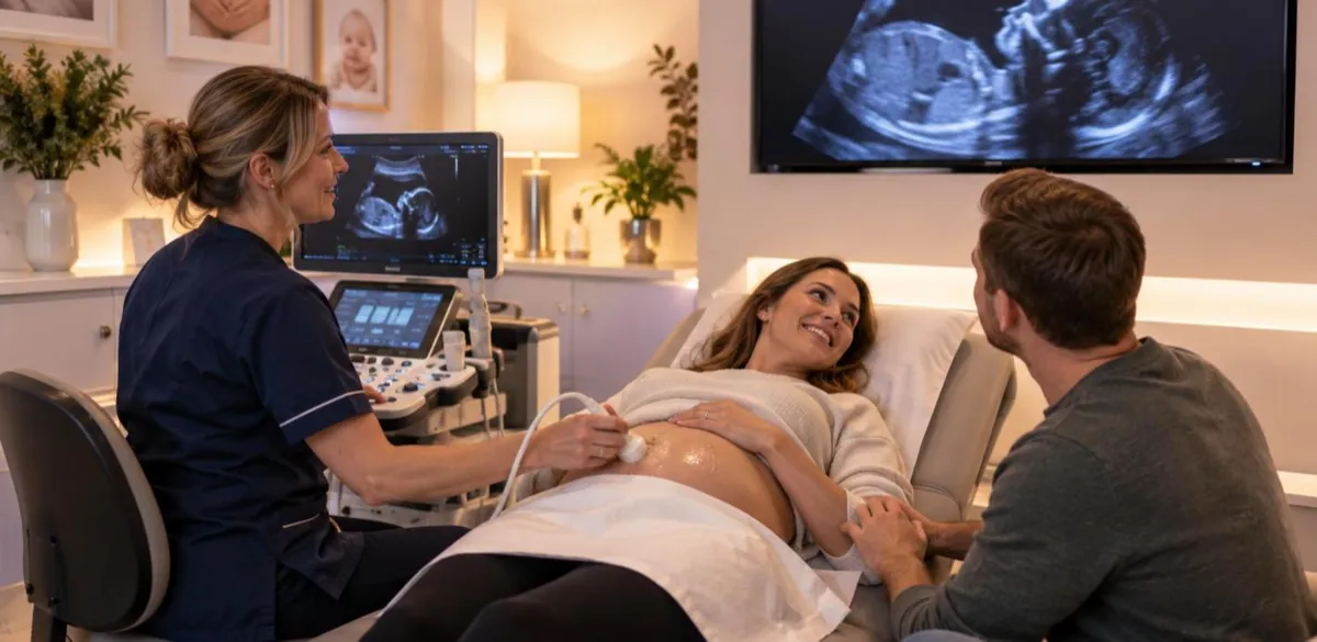 Sonographer performing a pregnancy ultrasound in a private baby scan studio while the parents watch the scan on a wall screen