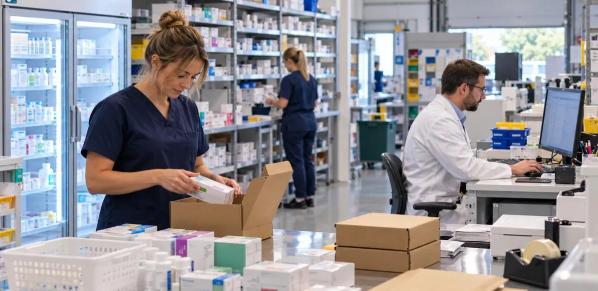 Dispenser packing medicine boxes for posting while a pharmacist checks prescriptions on screen in an online pharmacy dispensary