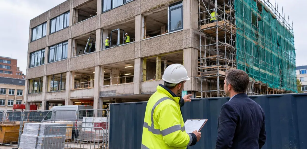 Site manager and developer reviewing progress on a 1970s office block being converted to flats, with scaffolding and new windows going in