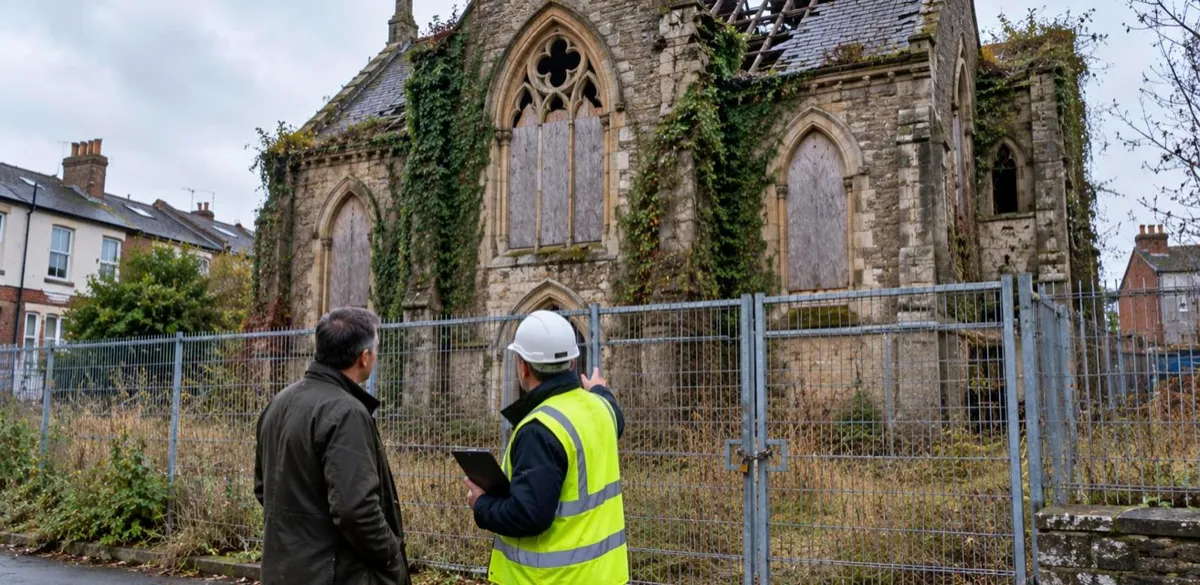 Owner and surveyor inspecting a derelict boarded-up chapel behind locked security fencing, with ivy growth and missing roof slates