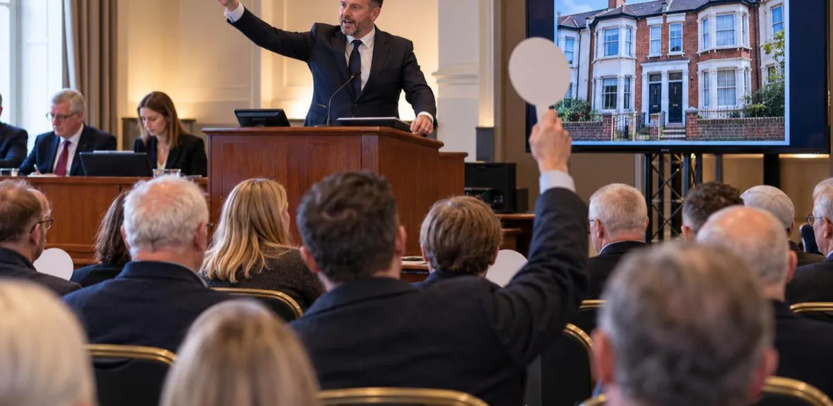 Bidder raising a paddle at a property auction as the auctioneer takes bids for a terraced house shown on screen