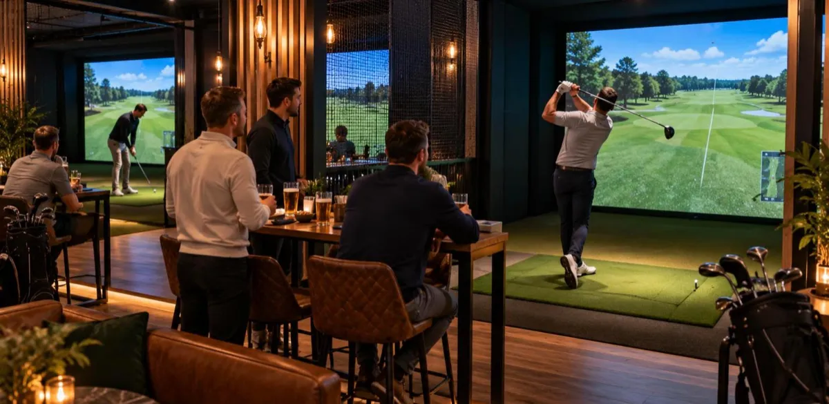 Friends watching a player swing in a golf simulator bay at a UK indoor golf bar