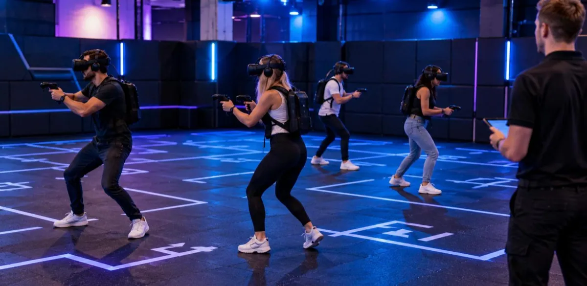 Players in VR headsets moving through a free-roam virtual reality arena with a staff member supervising