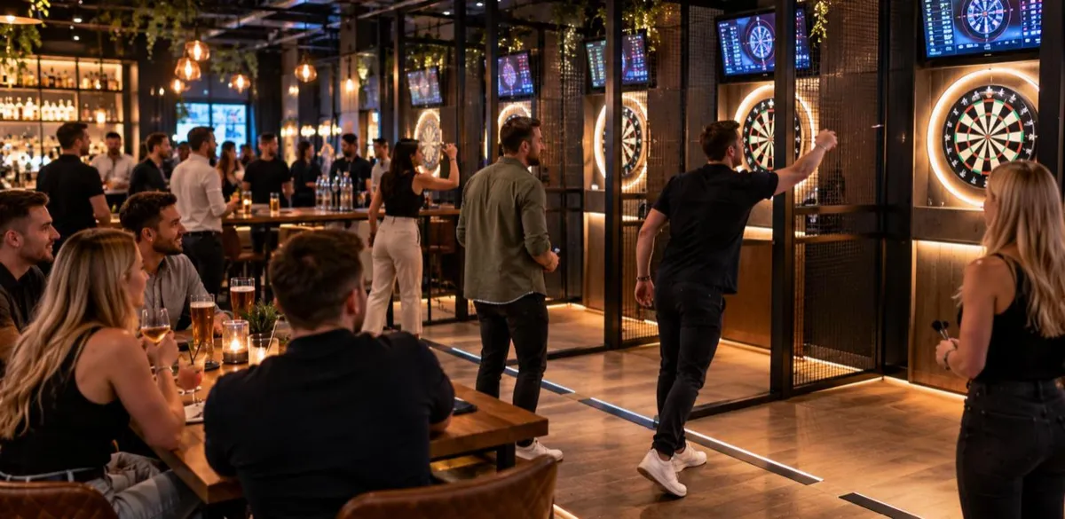 Friends throwing at electronic darts lanes with scoring screens in a busy UK darts bar
