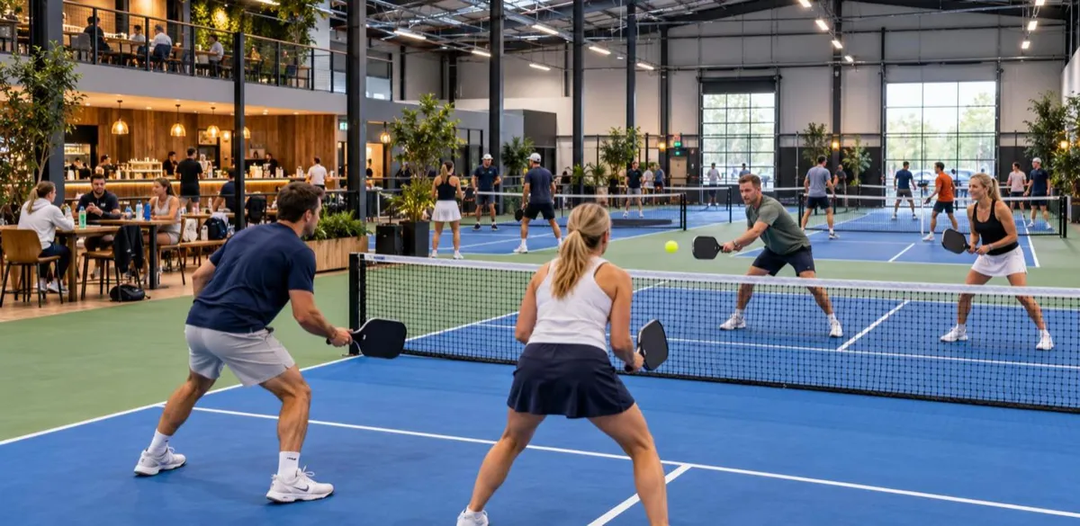 Players in a doubles rally on blue courts at an indoor pickleball centre with a cafe alongside