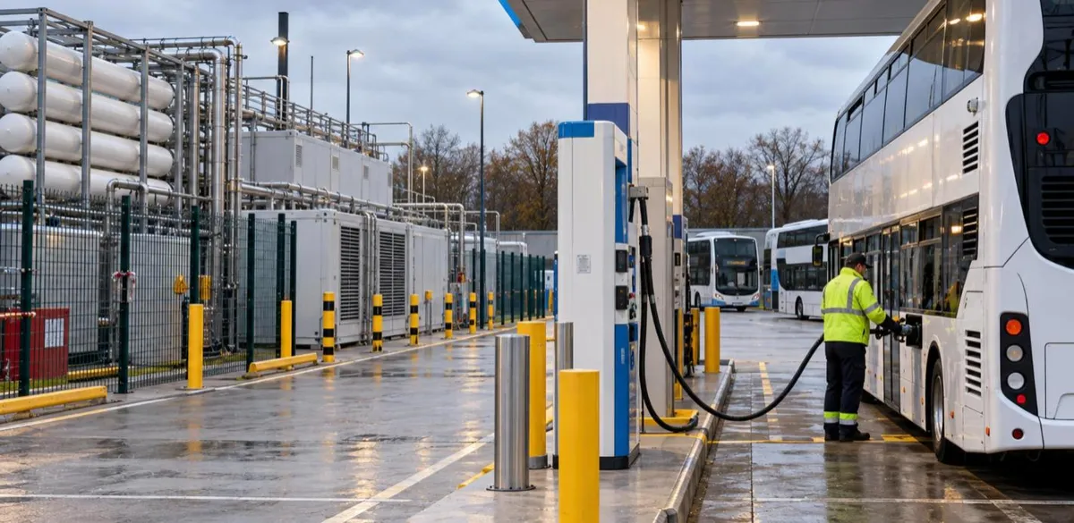 Fuel cell bus being refuelled at a hydrogen refuelling station in a UK bus depot